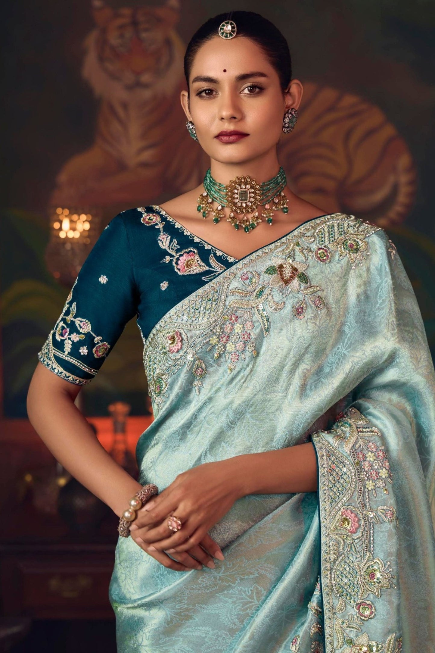 Sky Blue Silk Saree with Heavy Embroidered Border Designer Blouse
