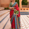 Designer Red Patola Silk Saree Blue Ikat Border Olive Green Pallu 