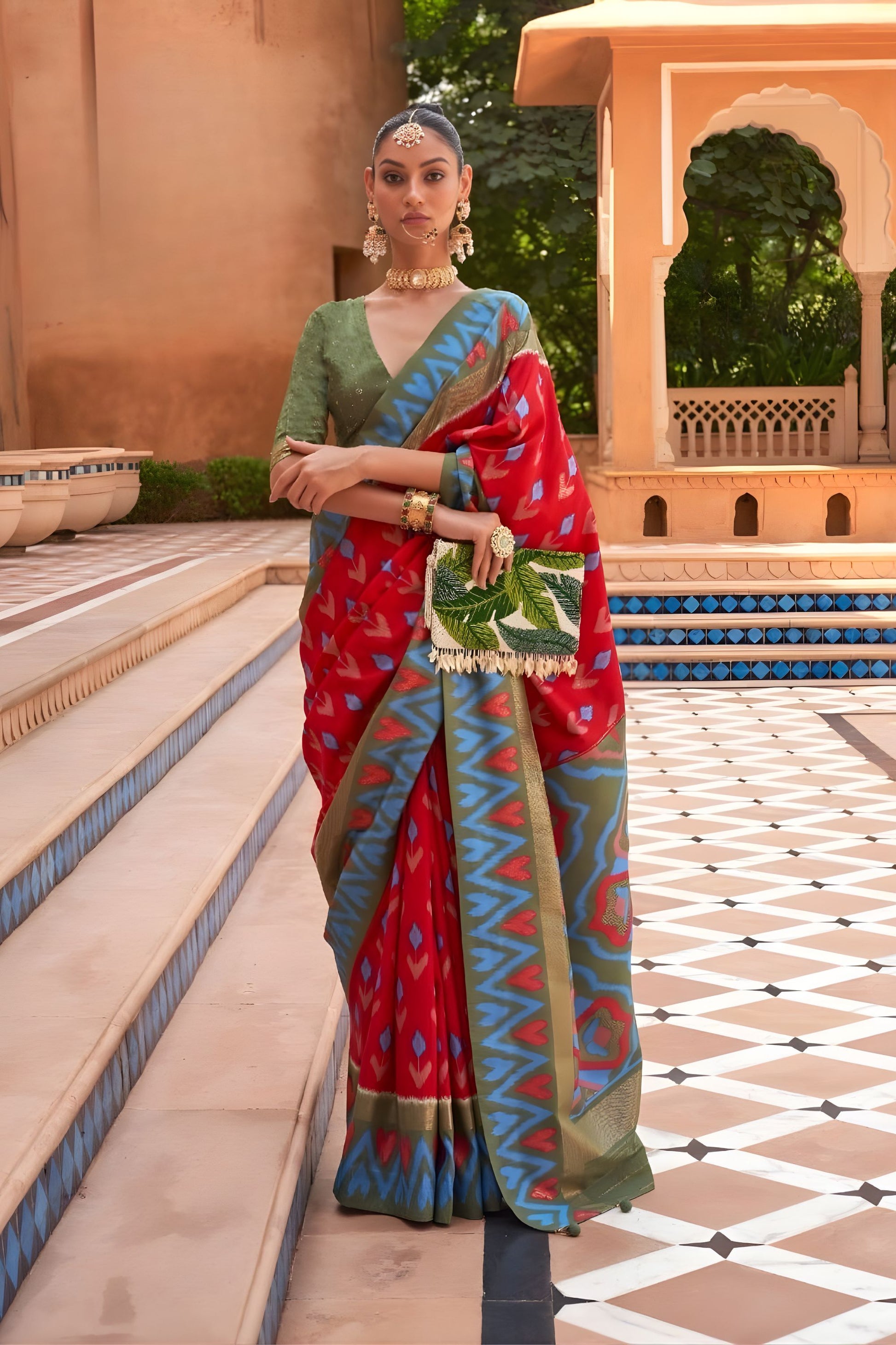 Designer Red Patola Silk Saree Blue Ikat Border Olive Green Pallu 