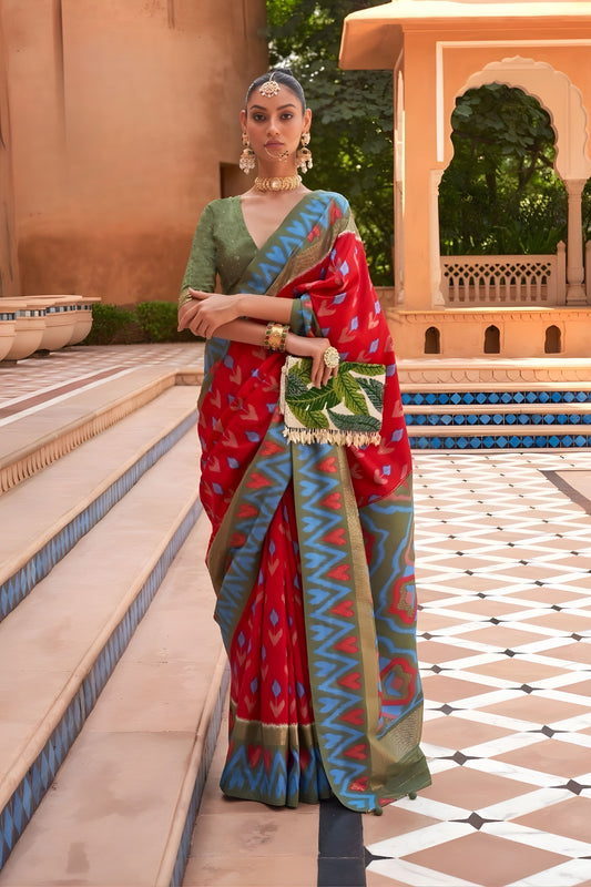 Designer Red Patola Silk Saree Blue Ikat Border Olive Green Pallu 