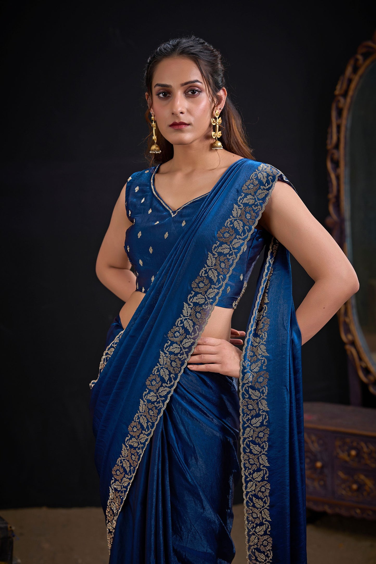Royal Blue Silk Saree with Antique Gold Zari Border Party Wear Saree