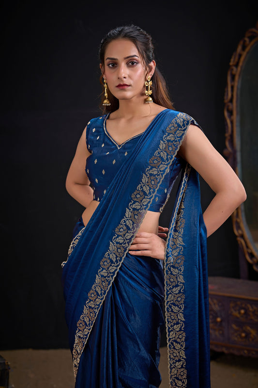Royal Blue Silk Saree with Antique Gold Zari Border Party Wear Saree