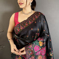 Premium Black Satin Silk Saree Multicolor Floral Print Designer Border