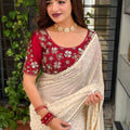 Off White Georgette Saree Golden Butti Designer Red Embroidered Blouse