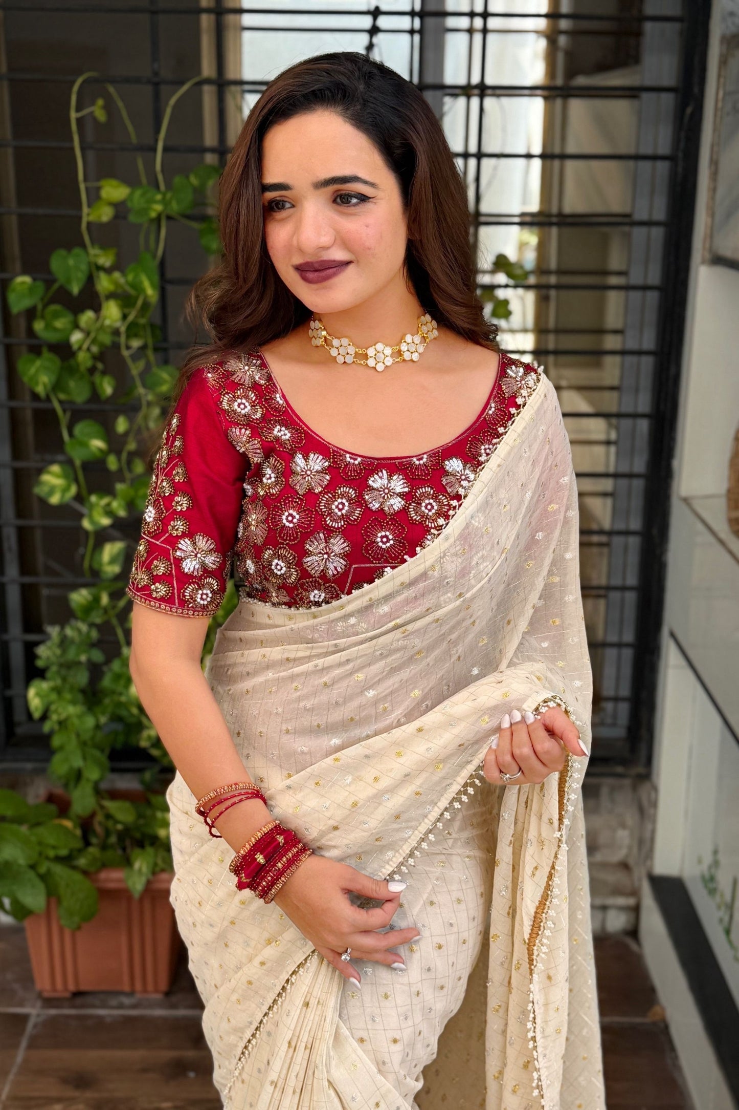 Off White Georgette Saree Golden Butti Designer Red Embroidered Blouse