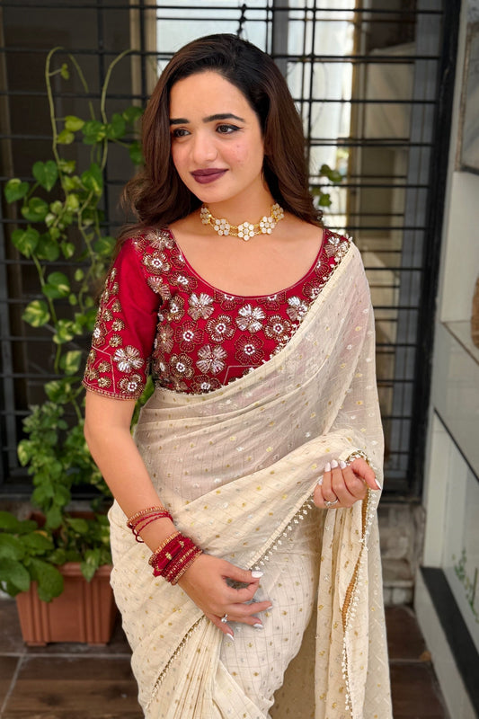 Off White Georgette Saree Golden Butti Designer Red Embroidered Blouse