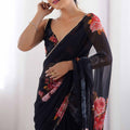 Black Georgette Floral Print Saree with Pearl Lace Border