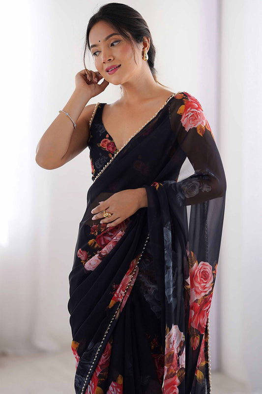 Black Georgette Floral Print Saree with Pearl Lace Border