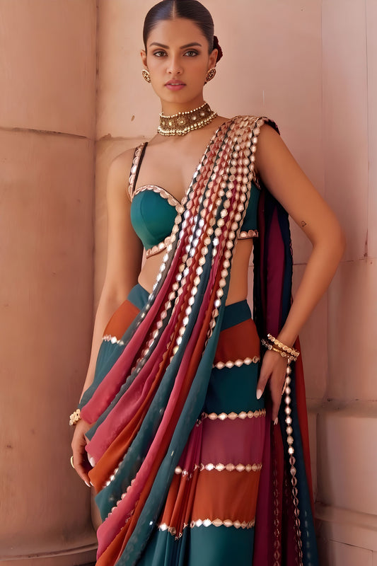Designer Multicolor Georgette Saree Mirror Work Border Stylish Blouse