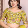 Lime Green Silk Saree with Floral Embroidered Border Designer Blouse