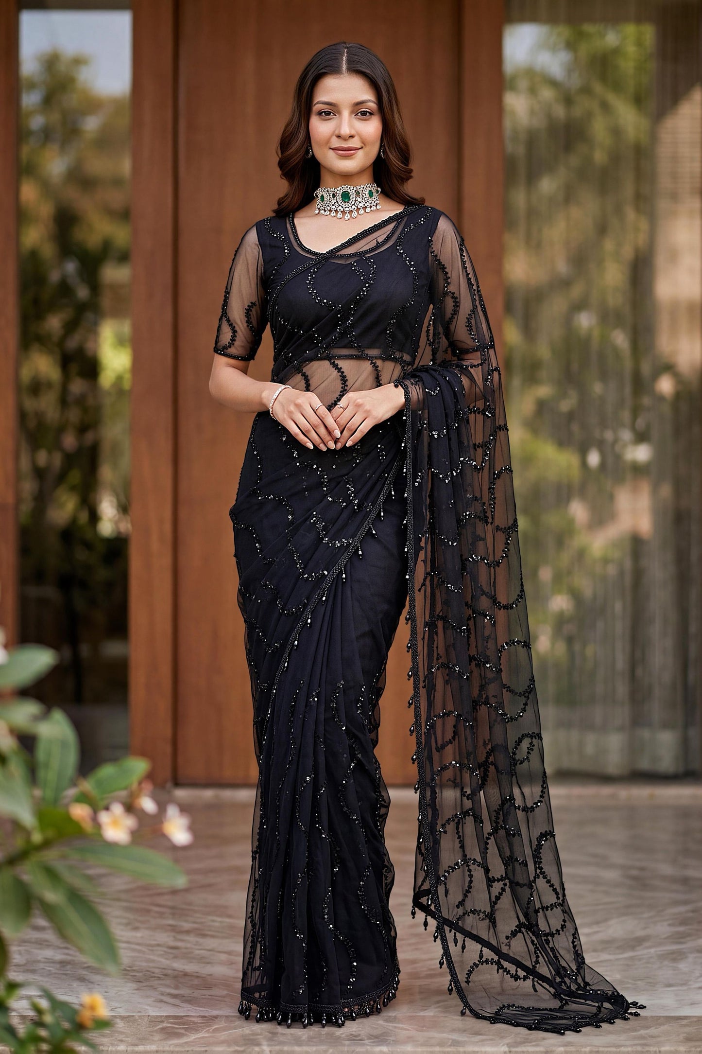 Black Designer Net Saree with Sequins Embroidery Party Wear