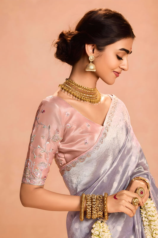 Silver Grey Soft Silk Saree with Woven Butti Designer Blouse