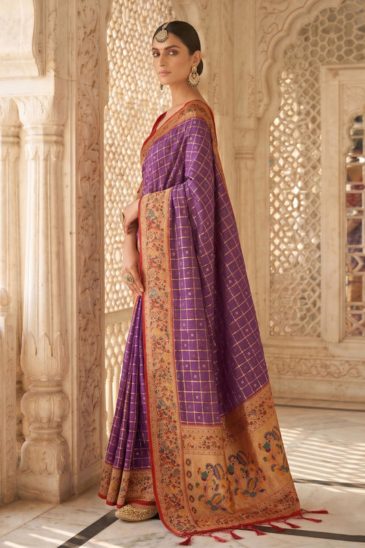 Purple Paithani Silk Saree Traditional Zari Border Designer Red Blouse