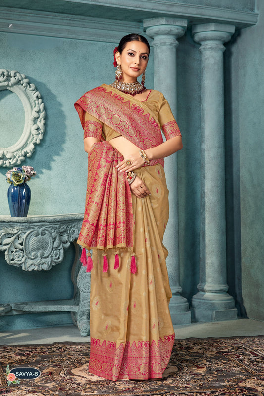 Gold Banarasi Silk Saree with Rich Red Zari Border Tassel Pallu