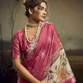 Pink Linen Silk Saree Floral Digital Print Designer Tassel Pallu