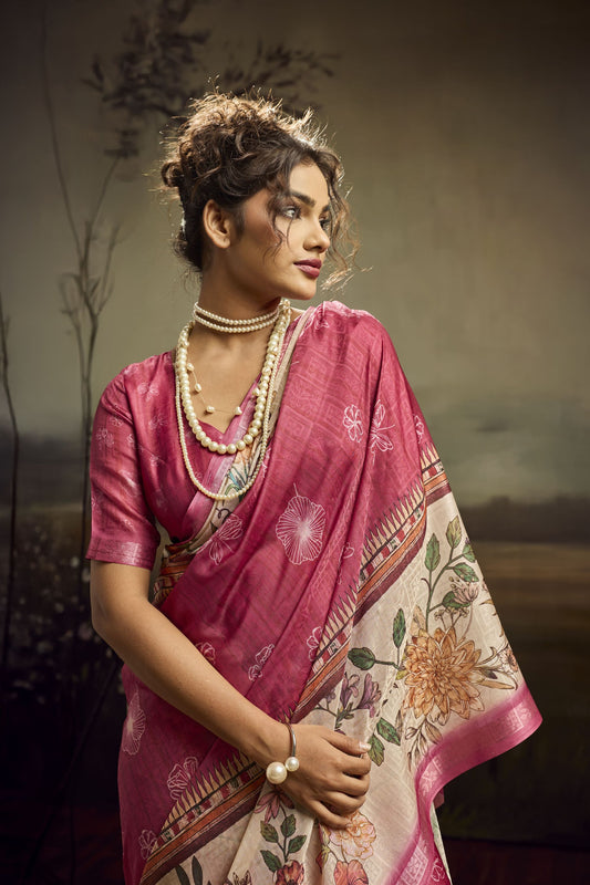 Pink Linen Silk Saree Floral Digital Print Designer Tassel Pallu