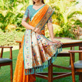 Orange Silk Saree with Teal Border Peacock Floral Weaving Work