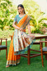 Orange Silk Saree with Teal Border Peacock Floral Weaving Work