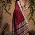 Wine Maroon Handwoven Cotton Linen Saree Silver Zari Border Pallu