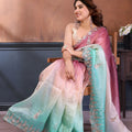 Pink and Aqua Blue Embroidered Organza Silk Saree Designer Border