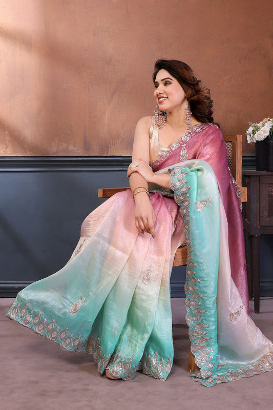 Pink and Aqua Blue Embroidered Organza Silk Saree Designer Border