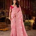  Pink Embroidered Silk Saree with Floral Zari Designer Blouse 
