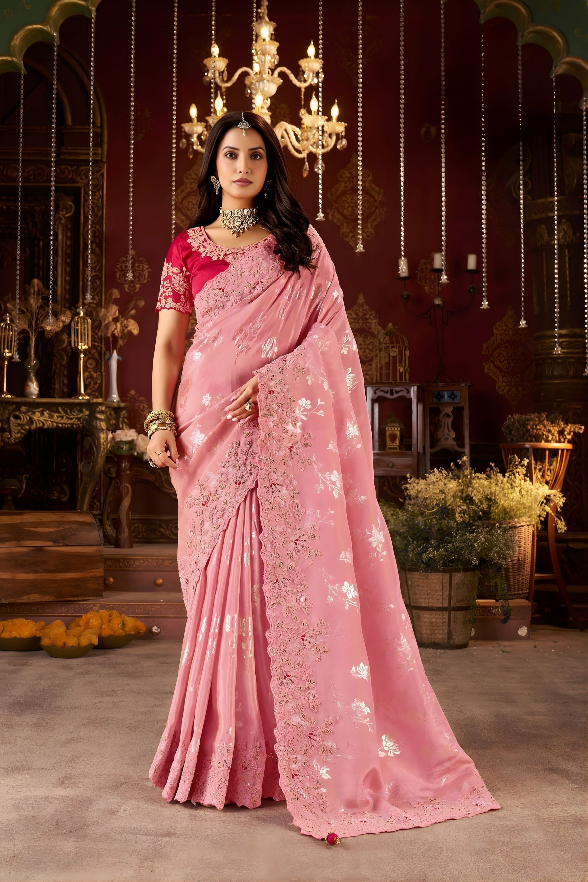  Pink Embroidered Silk Saree with Floral Zari Designer Blouse 