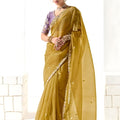 Mustard Gold Organza Saree with Floral Embroidery Designer Blouse 