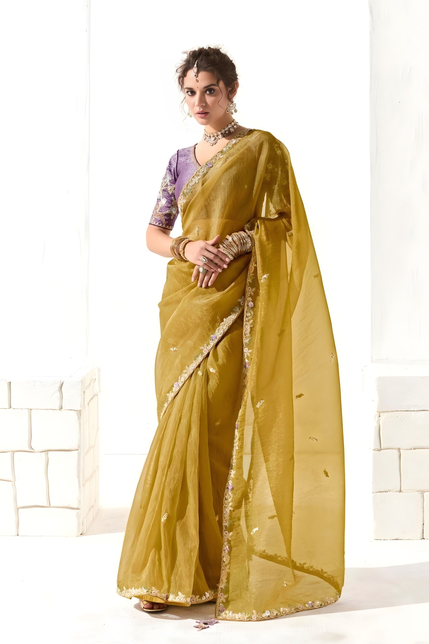 Mustard Gold Organza Saree with Floral Embroidery Designer Blouse 