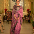 Pink Printed Linen Silk Saree with Traditional Ethnic Border
