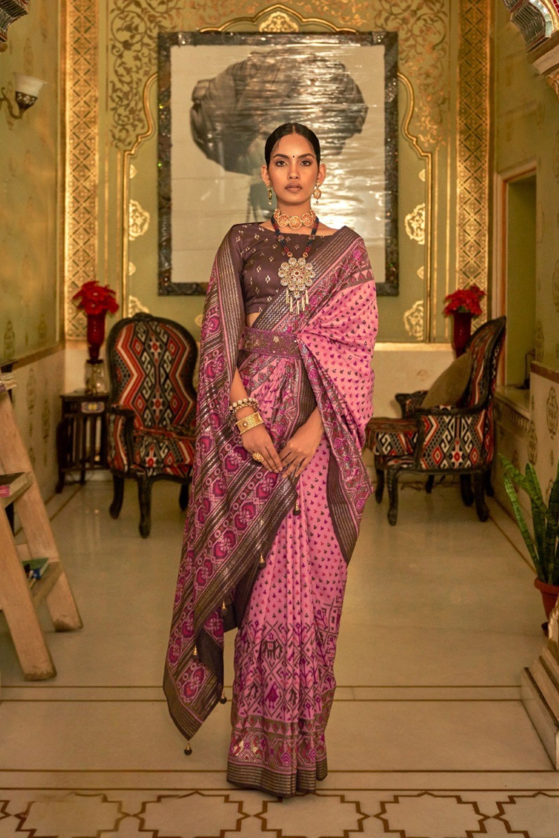 Pink Printed Linen Silk Saree with Traditional Ethnic Border
