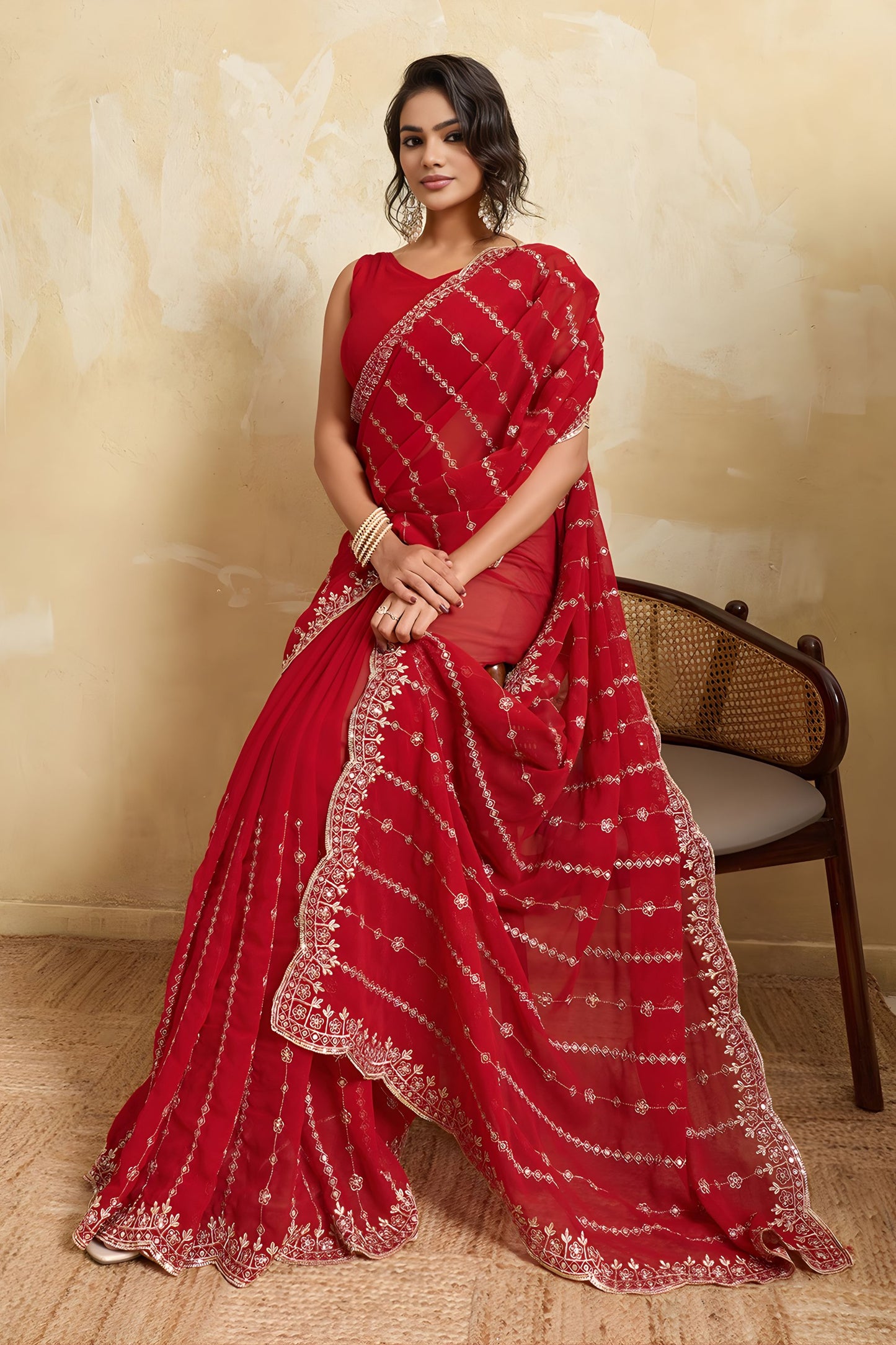 Red Designer Saree Heavy Embroidery Border Sequins Georgette Saree