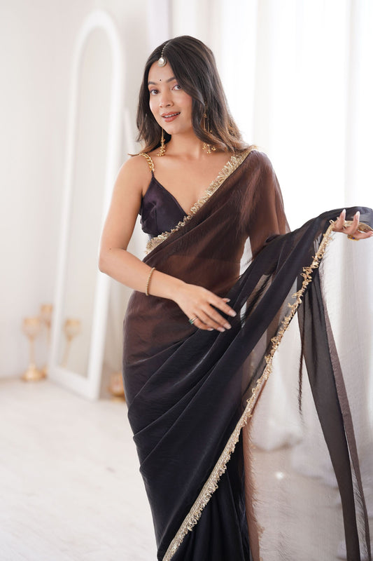 Black Organza Silk Saree with Designer Golden Lace Border