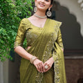 Olive Green Silk Saree Embroidered Border Designer Blouse