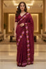 Wine Red Silk Saree Floral Embroidered Border Party Wear Saree