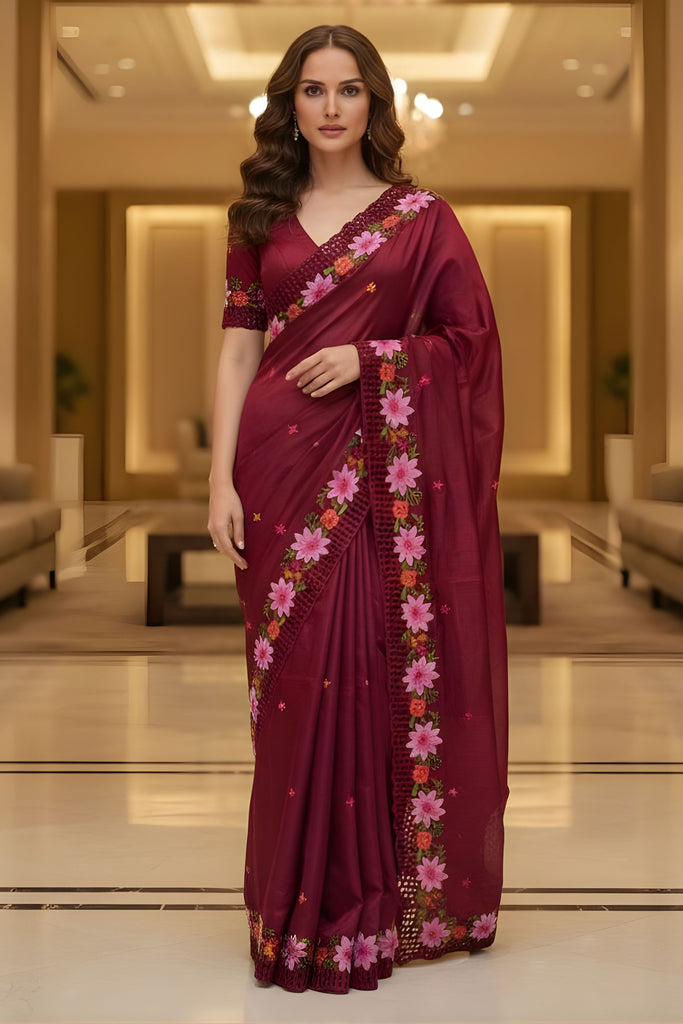 Wine Red Silk Saree Floral Embroidered Border Party Wear Saree