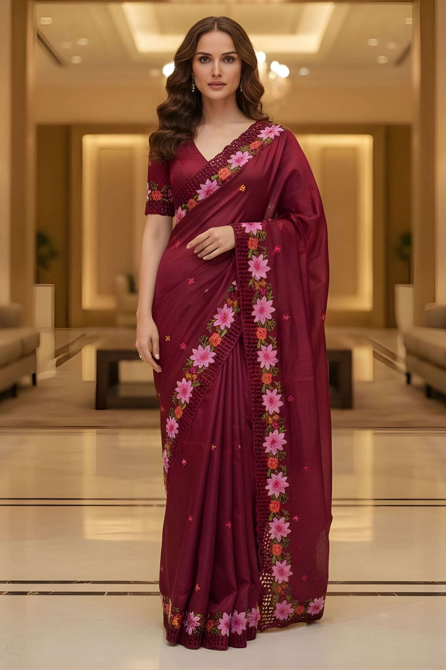 Wine Red Silk Saree Floral Embroidered Border Party Wear Saree