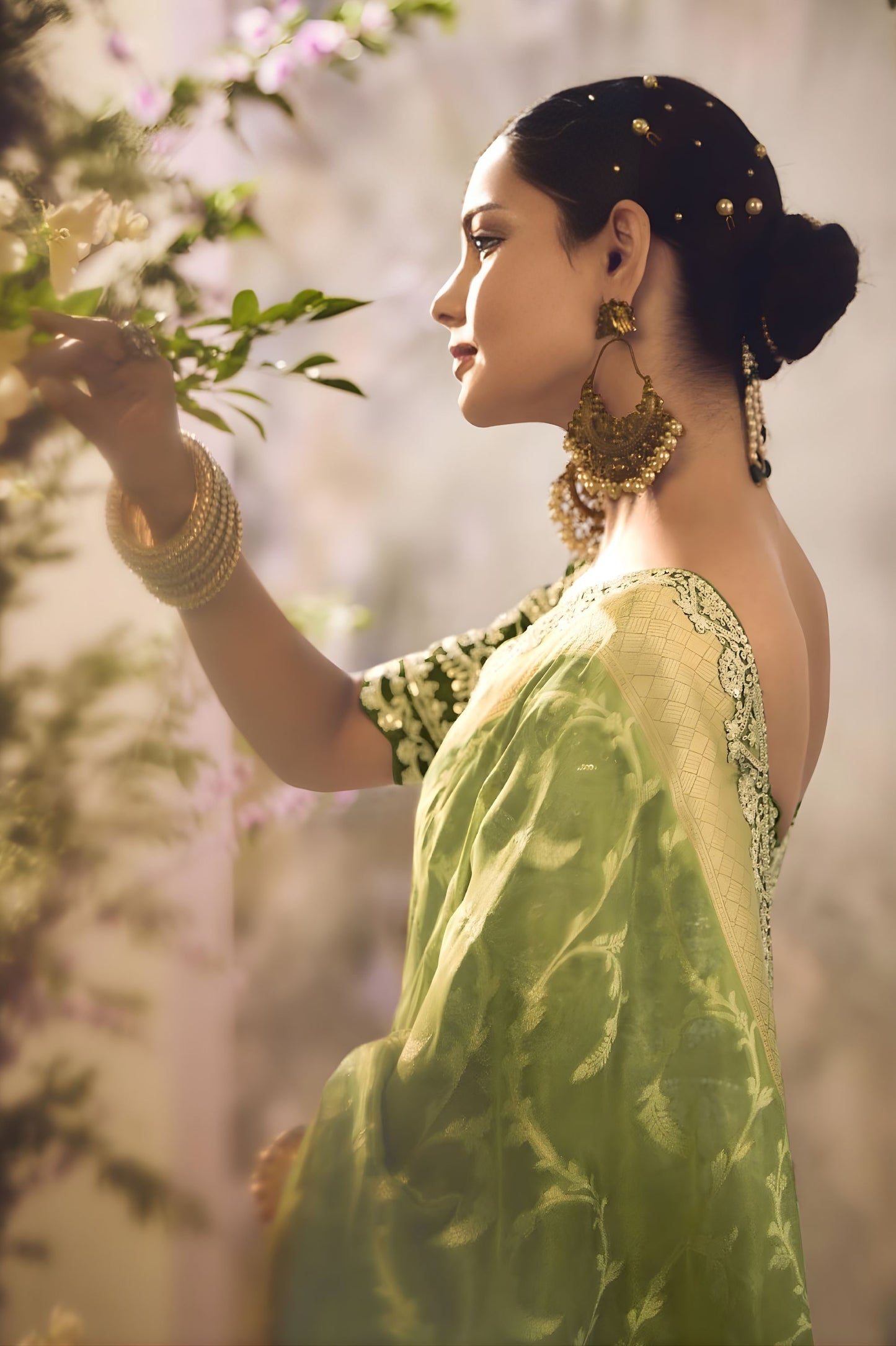 Light Olive Green Soft Silk Saree with Zari Border Designer Blouse