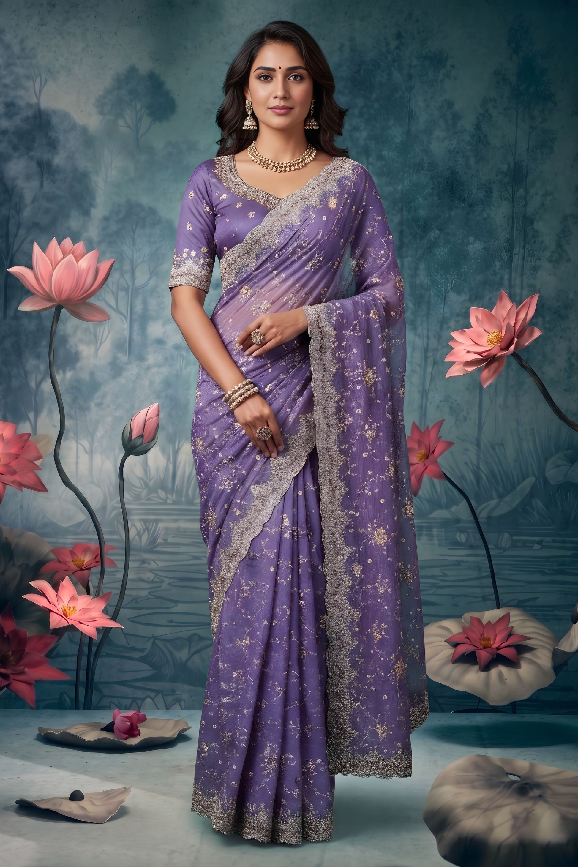 Elegant Lavender Designer Saree with Sequins Embroidered Border