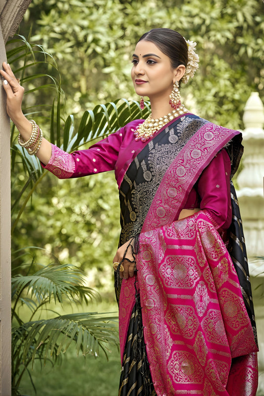 Black Banarasi Silk Saree Pink Zari Border Traditional Saree