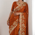 Rust Orange Satin Silk Saree Heavy Floral Embroidery Designer Blouse