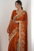 Rust Orange Satin Silk Saree Heavy Floral Embroidery Designer Blouse