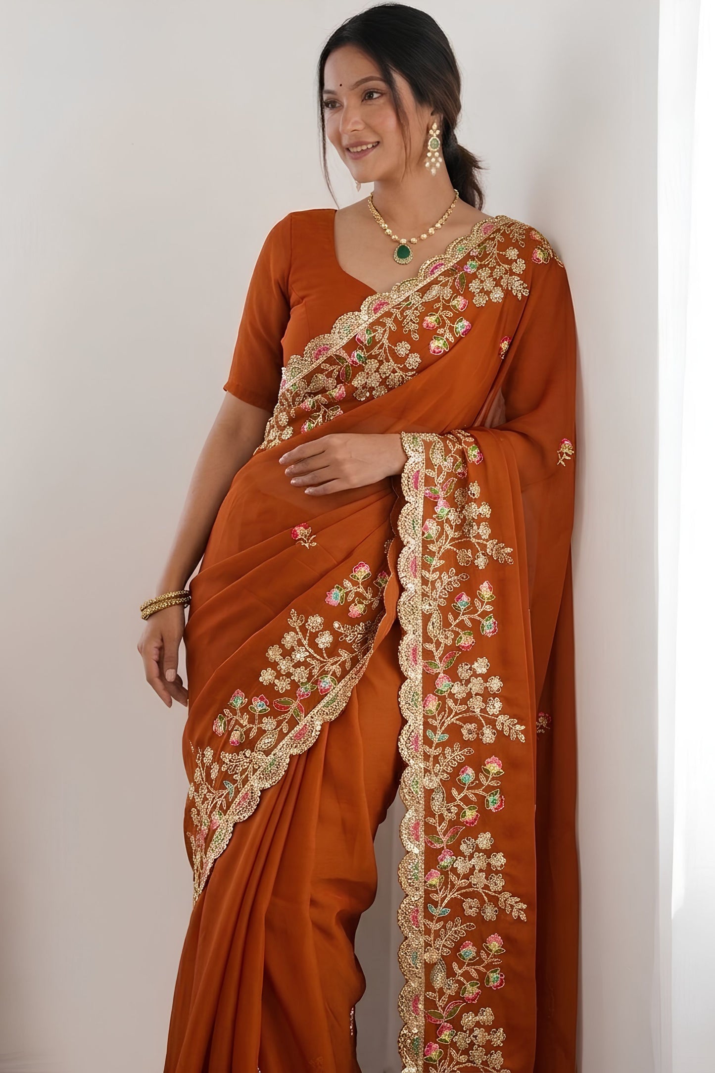 Rust Orange Satin Silk Saree Heavy Floral Embroidery Designer Blouse