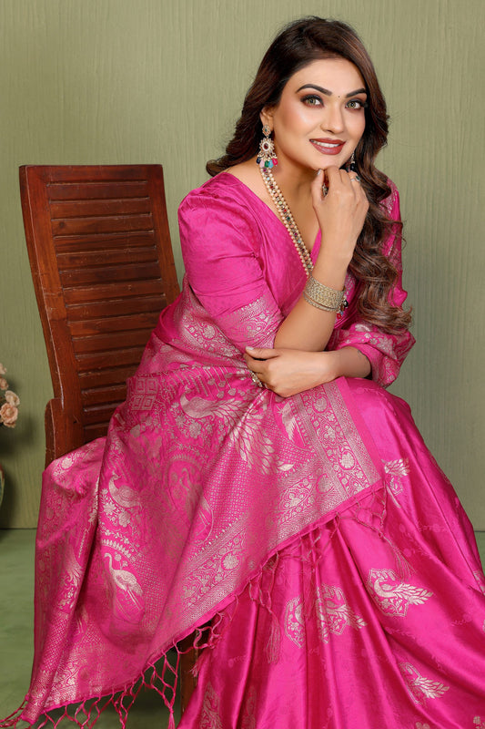 Rani Pink Banarasi Silk Saree with Rich Zari Weaving Blouse Piece