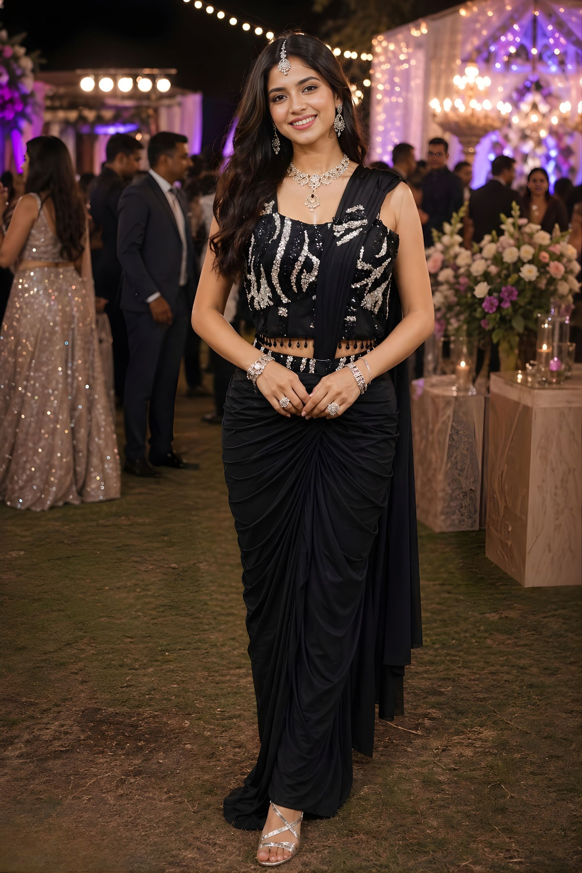 Black Ready-to-Wear Designer Draped Saree Sequins Blouse