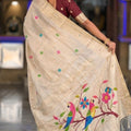 Cream Beige Tussar Silk Saree Multicolor Floral Embroidery Designer Pallu