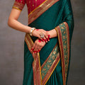 Teal Green Designer Saree Embroidered Border Contrast Blouse