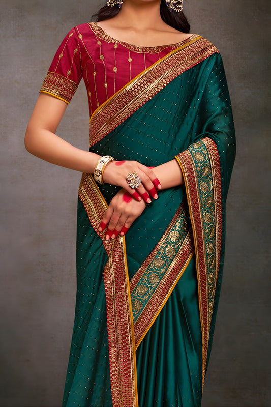 Teal Green Designer Saree Embroidered Border Contrast Blouse