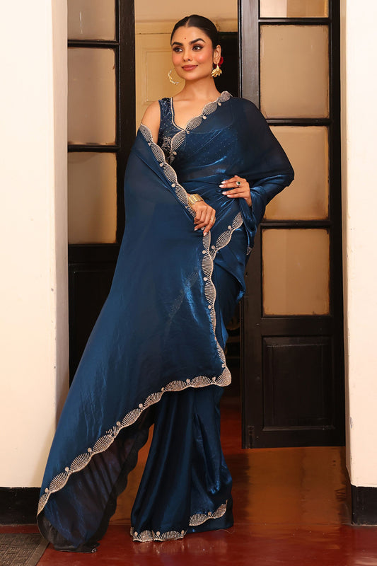 Navy Blue Designer Satin Saree with Embroidered Border Matching Blouse