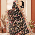 Black Net Embroidered Floral Designer Saree with Scalloped Border Blouse